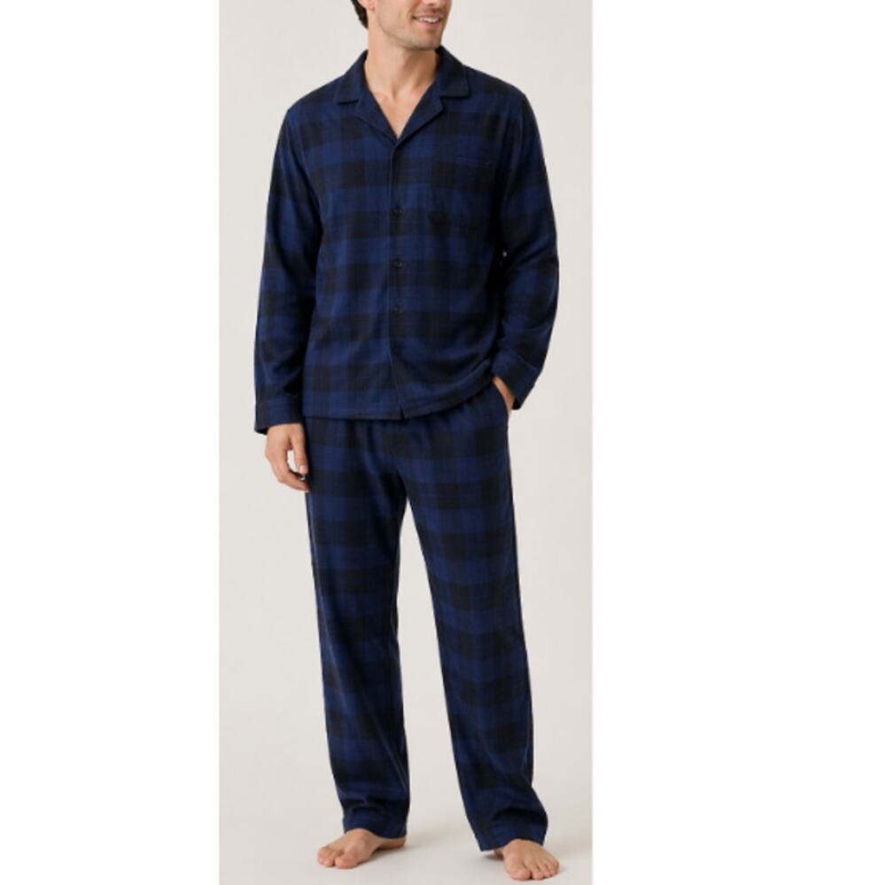 Nordstrom Men's Navy Plaid Elastic Waist Pant & Button Down Top Set M/L